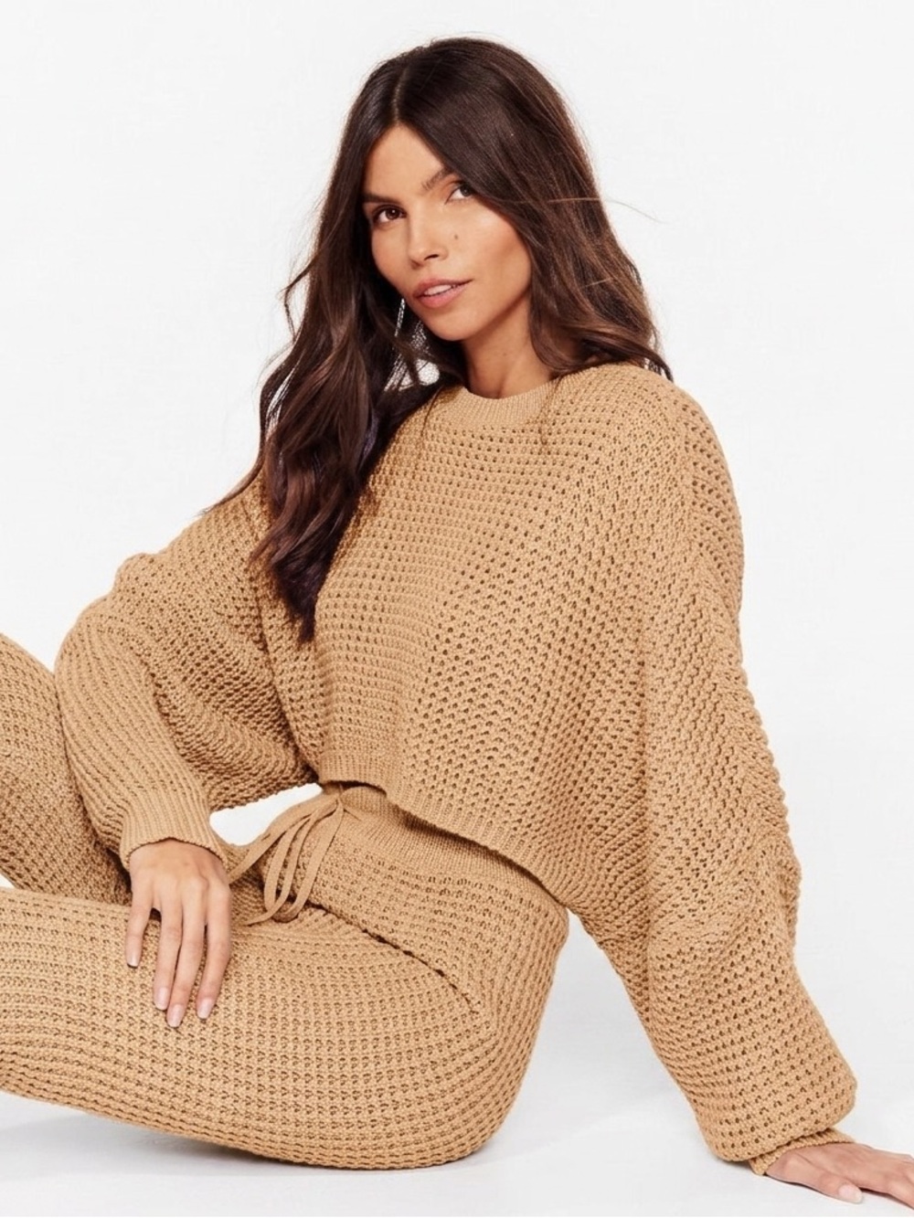 Nasty Gal Beige Waffle-Knit High Waisted Jogger and Crop Sweater Set, Size Large